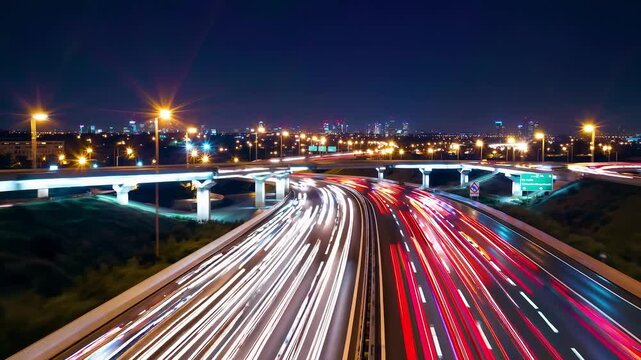 Aerial long-exposure shot of a multilane highway at night; bright light trails weave beneath a moody blue skyline with a distant city