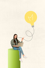 Template trend photo collage of young lady sit platform work laptop finger point showing idea bulb...