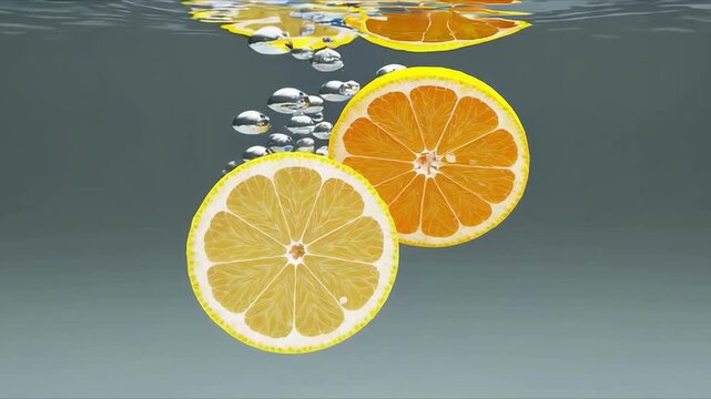 Two lemon slices submerged in water with rising bubbles; bright yellow citrus contrasts with a muted blue-green gradient background
