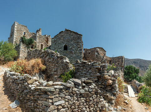 Greece Vatheia village. Old abandoned tower houses in Vathia Mani Peninsula Laconia Peloponnese, Europe