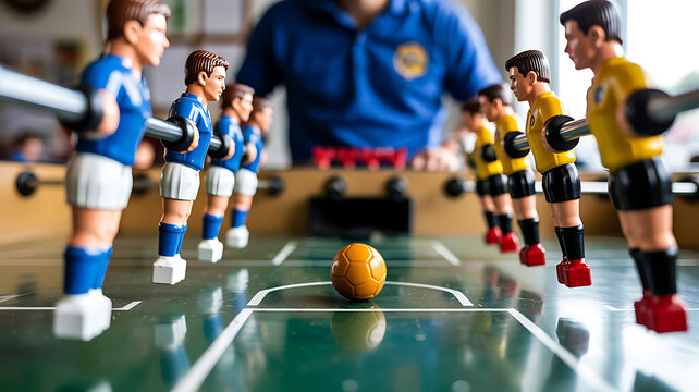Dynamic Foosball Table Game Action with Players and Ball, Close-up.