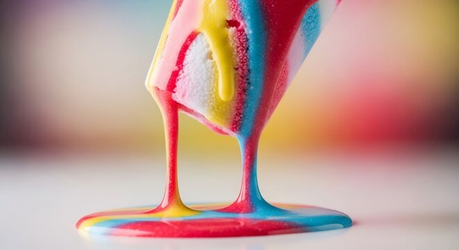 Vibrant multicolored paint dripping from an inverted glass creating a colorful puddle.