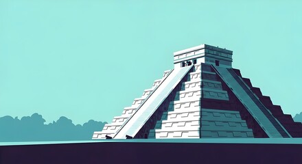 Chichen Itza Mayan Pyramid with Graphic Design and Sharp Lines, in Yucatan, Mexico, on light teal sky 