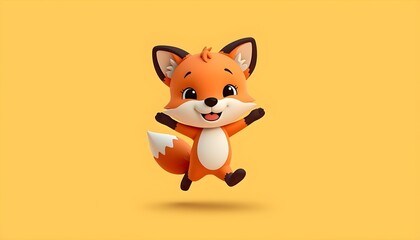 Obraz premium Cute 3D Cartoon Fox Jumping Colorful Kids Illustration