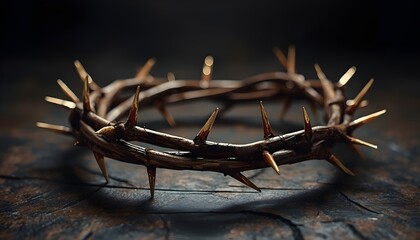 Fototapeta premium A crown of thorns sits on a dark wooden surface, symbolizing sacrifice and faith.