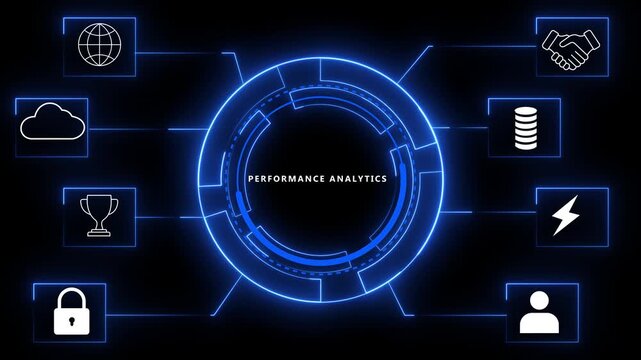 Performance analytics concept presented through a digital infographic with a central glowing blue circular interface and eight connected icon-based nodes on a black background