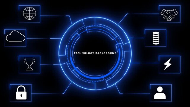 Futuristic digital interface with glowing blue neon lines connecting various such as a globe handshake cloud trophy lightning bolt stack of coins and a user profile against a dark black background