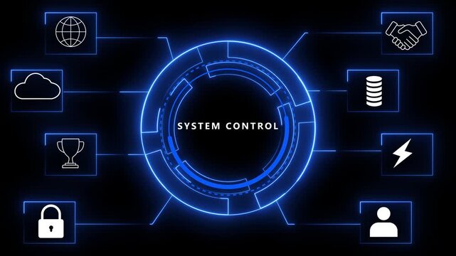 Futuristic digital interface with glowing blue neon lines connecting of a globe handshake cloud trophy database lightning bolt and user profile around a central system control hub on a dark