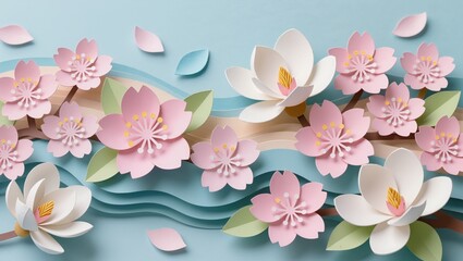 Obraz premium Beautiful Paper Flowers with Soft Pink Petals on Blue Background