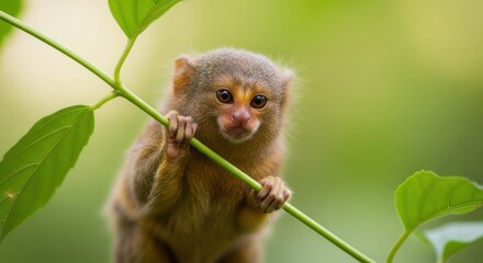 Fototapeta premium Adorable pygmy marmoset with delicate hands gripping a thin green vine in lush green forest