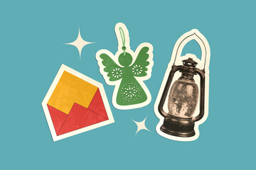 Naklejka premium Composite image montage trend artwork collage of collection envelope letter toy angel shape lamp retro style xmas joy merry holiday dream