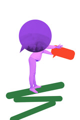 Fototapeta premium Creative artwork template sketch 3D collage of copyspace person body stand hand hold note textbox cloud speech online bubble conversation