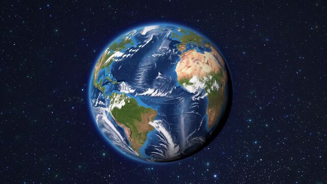 A detailed 3D Earth rendered in space with vivid oceans and continents, set against a starry backdrop