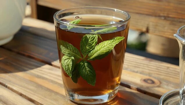 Refreshing 4K looping animation of iced mint tea on wooden table providing high quality visual for summer beverages and antioxidant rich healthy drinks