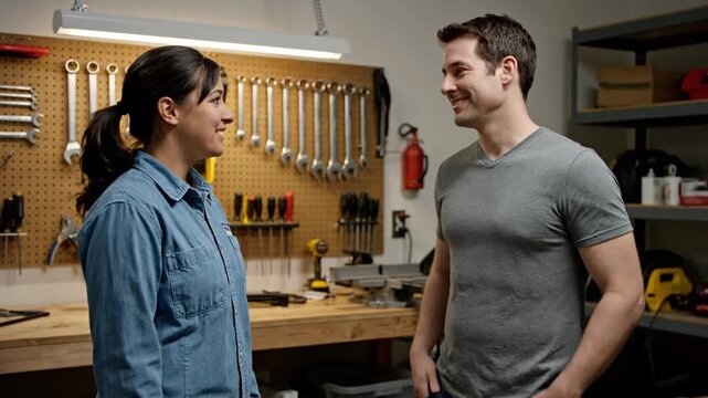 A woman and a man are having a conversation in a workshop with tools behind them; they exchange smiles and gestures, indicating friendly interaction and possible collaboration.