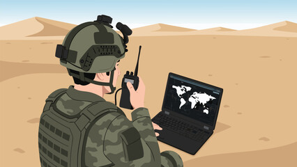 Desert military operations a soldier in camouflage uses a radio and laptop with a world map, a strategic vector illustration of global communication © Vector