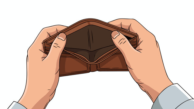 A clear vector illustration depicting an empty wallet held open in hands, symbolizing financial scarcity, debt, and urgent economic challenges