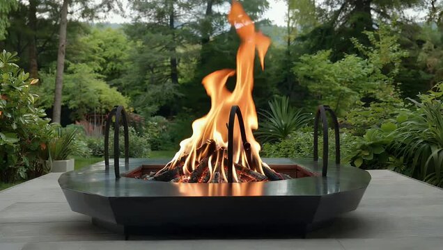 Modern fire pit with bright orange flames burning against dark evening background situated on stylish patio with lush greenery to highlight luxury outdoor lifestyle