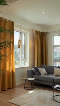 Elegant interior animation showcasing modern living room with vibrant yellow valances and sheer curtains that filter high quality natural sunlight into bright airy domestic space