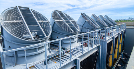 HVAC Air Chillers on Rooftop Units. Air Conditioner for Large Industry, Air Cooling Tower system