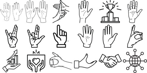 Collection of various hand gestures and signs in black and white illustrations, conveying different emotions and actions.