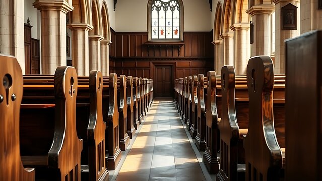 phonology. Ancient wooden church pews in rows, light from stained glass window. event programs, museum guides, designed for cultural heritage projects and event programs.
