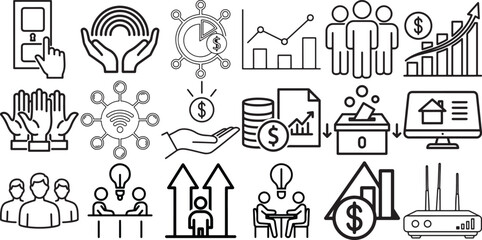 Collection of simple black and white icons representing business, finance, and technology concepts on a white background for infographics.