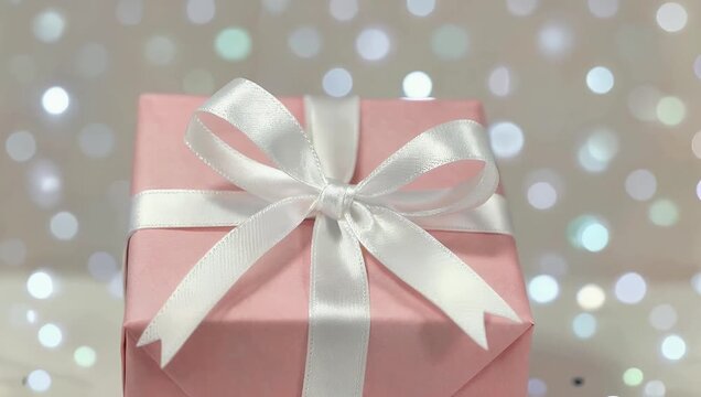 Festive celebration visual of pink gift box with delicate bow on polka dot background delivered as high quality concept video for special gifting occasions
