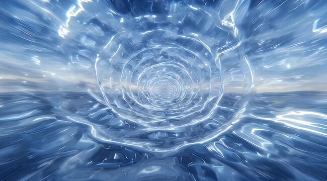 Hypnotic blue water vortex, abstract tunnel with glistening ripples and icy cool reflections
