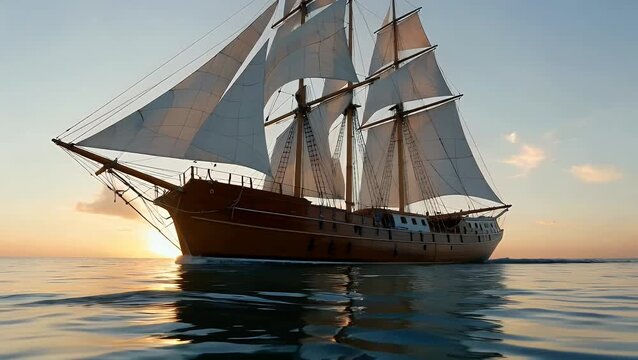 Majestic 18th Century Sailing Vessel Gliding Across the Deep Blue Ocean at Golden Hour Captured from Low Angle Perspective Showcasing Grandeur and Serenity