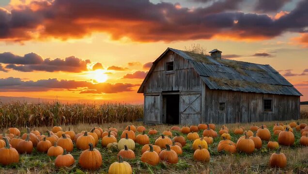 Rustic agricultural barn situated patch of ripe pumpkins and cornstalks captured under breathtaking fiery sunset sky to evoke high quality autumn harvest atmosphere