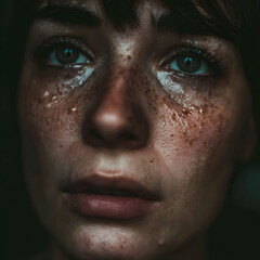 Naklejka premium Intense Close-Up Portrait Captures the Raw Emotion of Tears Rolling Down a Freckled Face