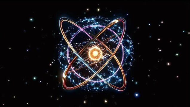 Scientific 4K VFX animation of atom with glowing orbital particles on black background designed for physics education technological concepts and advanced research visual presentations