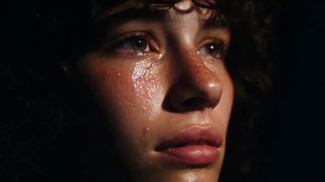 A deeply moving and expressive close-up portrait of a person experiencing profound sorrow, with tears visible, conveying raw human emotion and distress