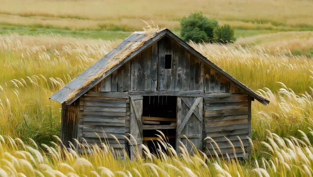 Rustic 4K cinematic scene of weathered wooden barn standing field of swaying golden grasses capturing the nostalgic and peaceful essence of rural farm life under bright natural sky
