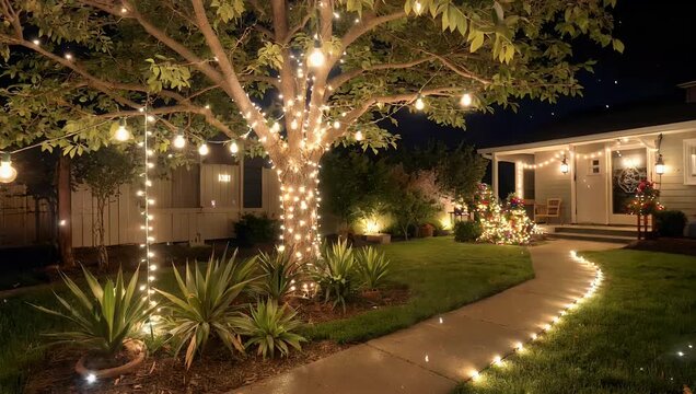 Cozy backyard scene at night featuring glowing garland lights draped over trees creating starry and festive atmosphere for home parties and warm evening garden celebrations