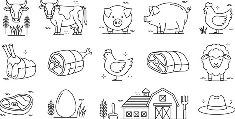 Farm animals and agriculture line icon set with cow pig chicken sheep barn meat egg and farming concept illustration © Khairul