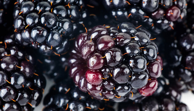 Close up of fresh ripe blackberries with a vibrant purple hue.