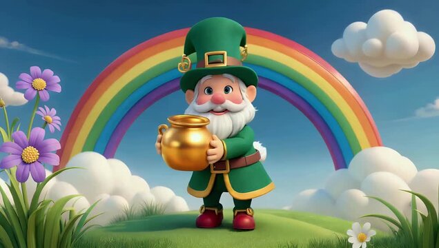 Whimsical 4K St Patrick's Day illustration of leprechaun's pot of gold at the end of vibrant rainbow capturing the magical spirit of the holiday high quality video