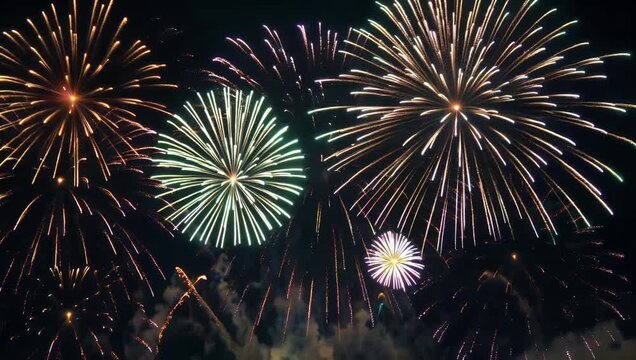 Spectacular 4K night time fireworks display featuring colorful light trails and rocket explosions against dark sky capturing the high quality festive spirit of New Year's Eve celebration