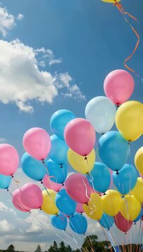 Joyful 4K celebration visual of pink blue and yellow balloons against clear sky with fluffy white clouds providing high quality atmosphere for party and holiday media