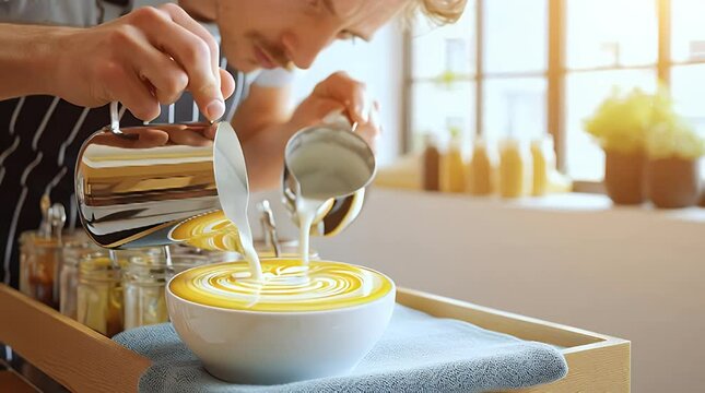 Skilled barista meticulously pours latte art into a ceramic cup creating intricate designs with milk foam in a bright modern cafe setting