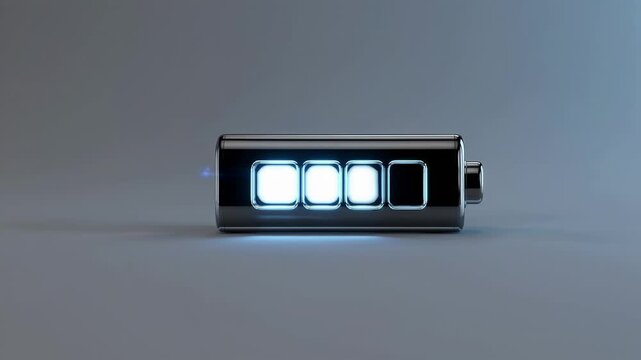 Futuristic battery indicator with four square cells; two glow blue-white while the others stay dark, set on a sleek metallic capsule against a neutral gradient background