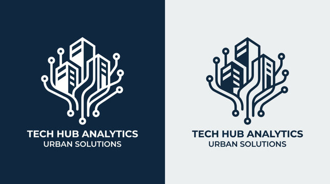 A cutting-edge logo representing urban solutions with tech elements and buildings, symbolizing innovation and analytics in modern city infrastructure and development.