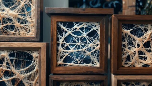 Artistic 4K Conceptual Presentation of Handcrafted Wooden Frames Housing Complex Interwoven Strings Representing Global Connectivity and Universal Energy Networks