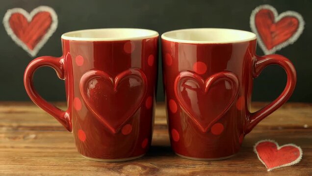 Romantic Valentine&rsquo;s Day still life with two red dotted ceramic mugs on rustic wooden table accompanied by chalk drawn hearts on dark moody background for holiday themes