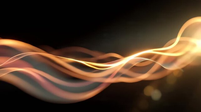 Flowing golden orange abstract light waves with glowing particles and bokeh for modern data background