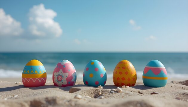 Colorful Easter eggs lined up on a sunny beach with a clear blue sky and ocean in the background.