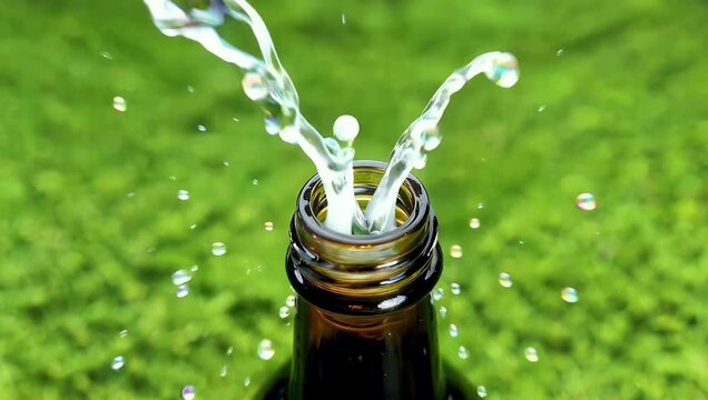 Explosive green screen animation of tiny bubbles and water droplets bursting from open bottle top creating high energy dynamic visual effect for professional video compositing