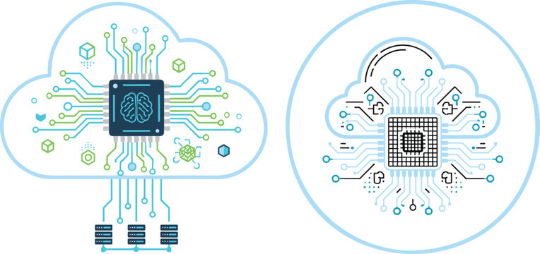 Cloud computing and artificial intelligence technology icon with CPU microchip and digital circuit connections for data storage network.